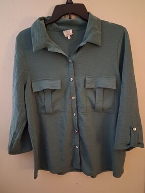 Button-Front Utility Blouse in Teal Green - Women